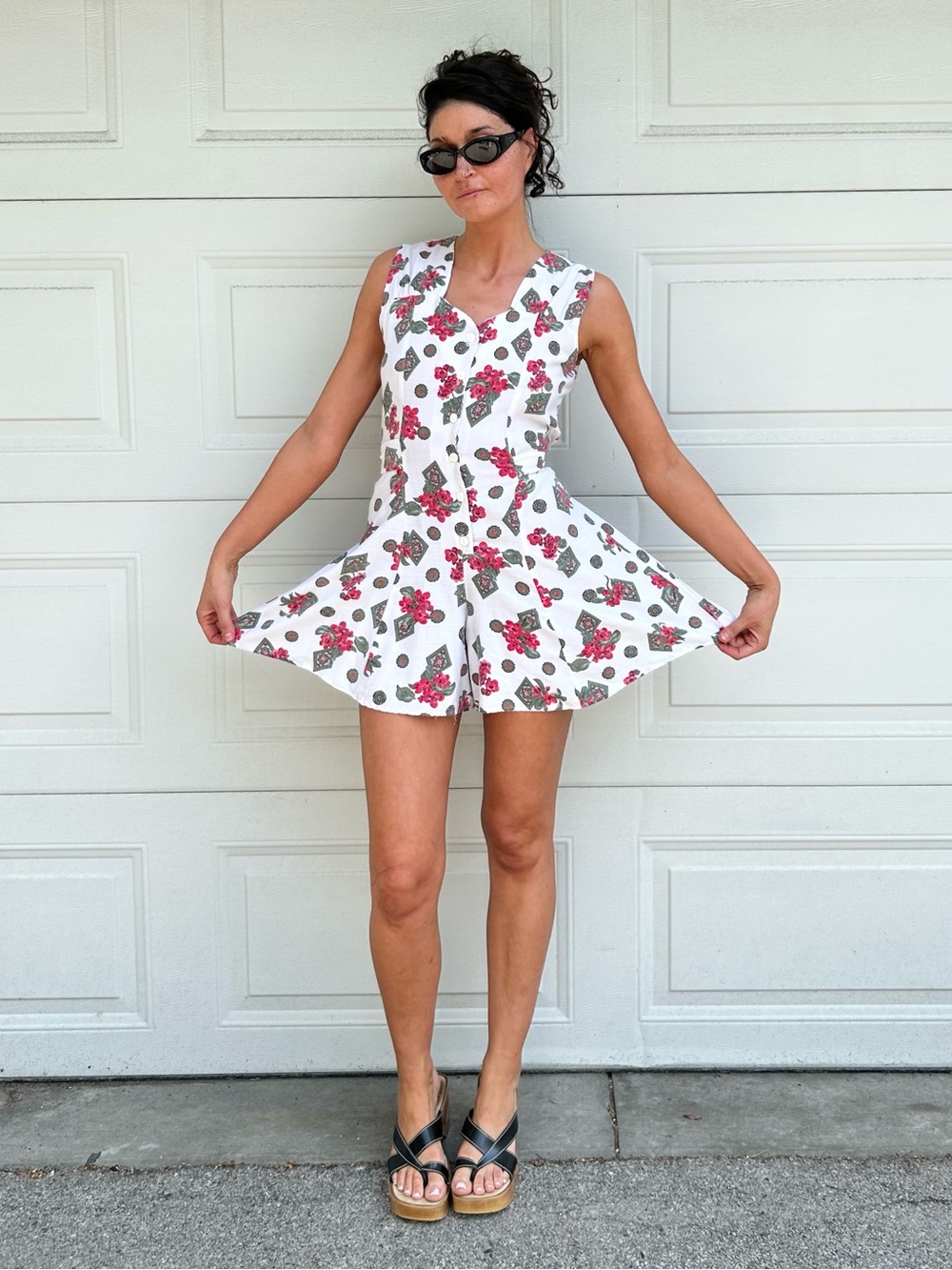 Vintage White & Rose Red Romper Sleeveless Tie Back Lightweight Cotton Blend